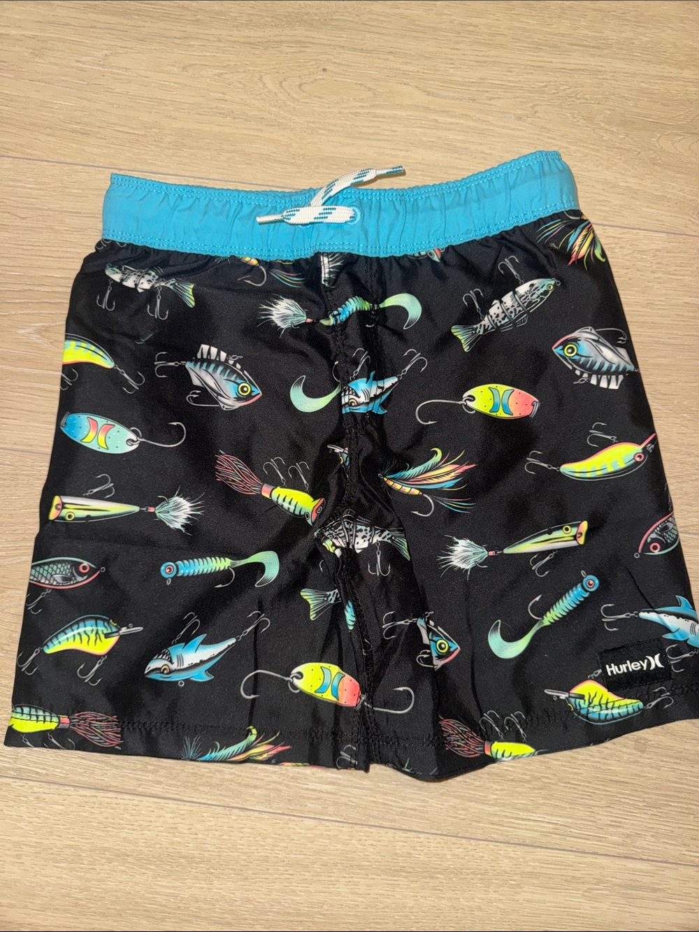 Hurley Black Swim Trunks with Turquoise Waistband and Neon Lure Print